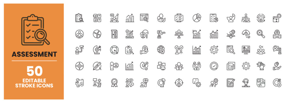 Collection of fifty editable stroke business assessment and performance icons set