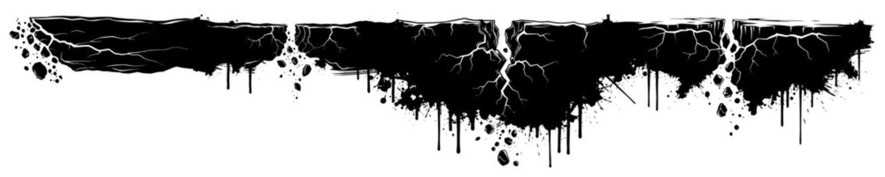 Ground layer cross section with intricate root cracks and falling debris in banner style