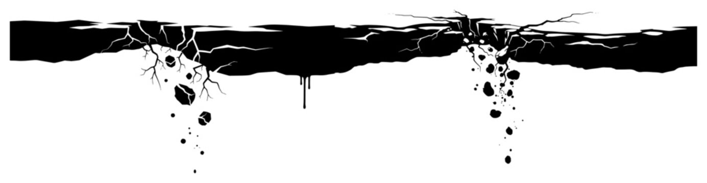 Split soil layer boundary with falling stones and cracks in horizontal banner style