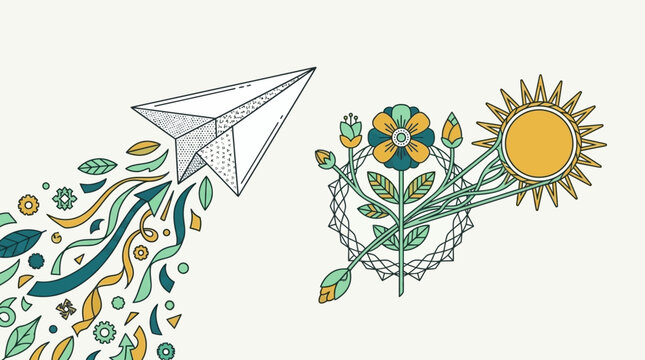 紙飛行機と太陽、そして植物のモチーフが描かれた、手書き風のスタイリッシュで繊細なラインアートイラストレーション。自然と空の旅をテーマにした、モダンで装飾的なデザイン要素が組み合わさった美しいグラフィック素材です。