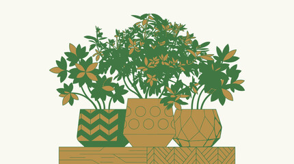 Ilustracja przedstawiająca trzy doniczkowe rośliny domowe w ozdobnych ceramicznych doniczkach z geometrycznymi wzorami, ustawione na drewnianej półce w stylu minimalistycznym.