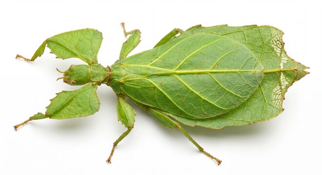 A vibrant green leaf insect showing incredible natural camouflage on a plain white studio backdrop.