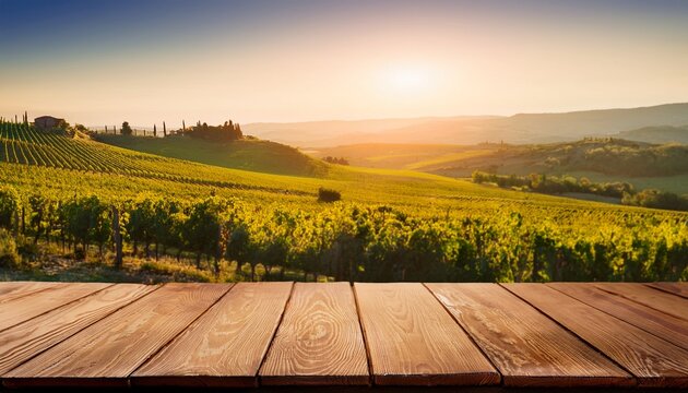 Empty Wooden Table On The Background Of Vines Tuscan Landscape At Sunrise High Quality Photo