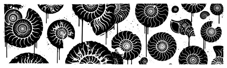 Ammonite fossil shells with dripping paint drops forming a horizontal grunge pattern © Wuszu