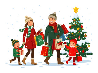 Fototapeta premium Happy family walking with Christmas gifts.