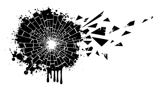 Shattered glass circle with flying shards and dripping ink splatters