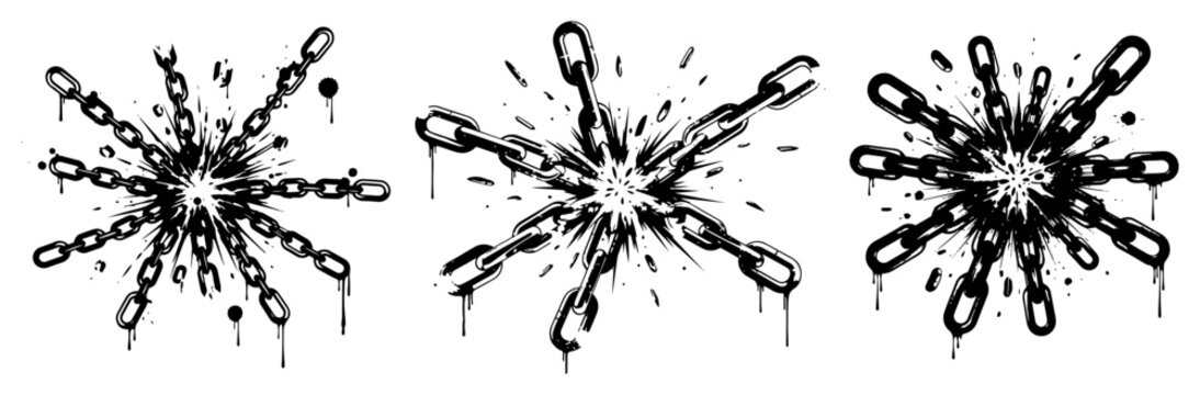 Radial metal chain starbursts with dripping paint and grunge splatters