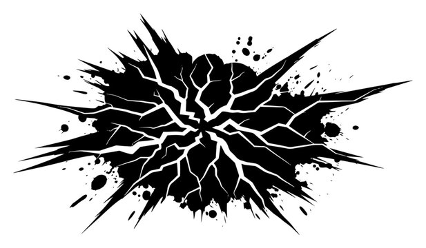 Exploding black impact paint splat with jagged crack lines