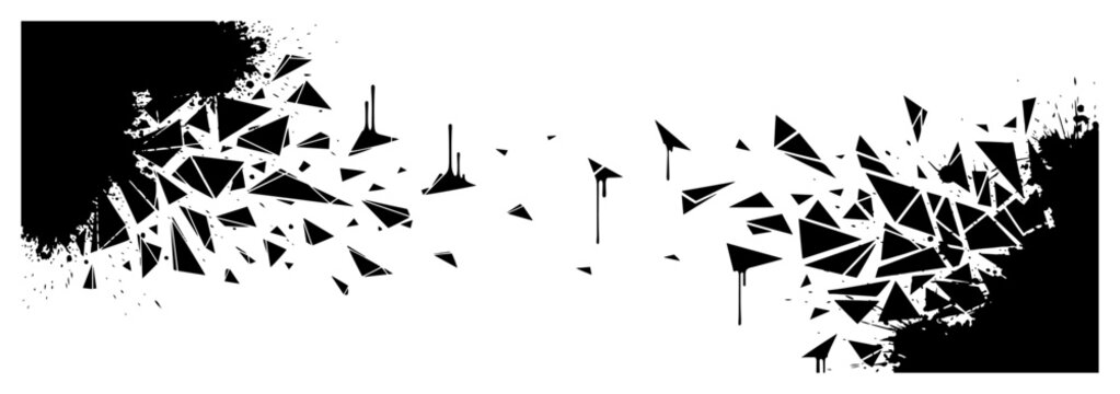 Geometric triangular shards exploding from black ink splatters in banner layout