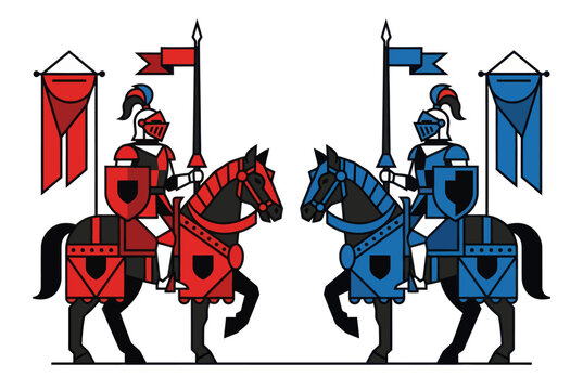 Red and black medieval knight riding a horse with flag and shield vector