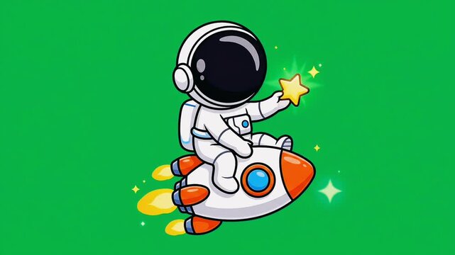 Cute cartoon astronaut riding a rocket ship holding a glowing star on green background.
