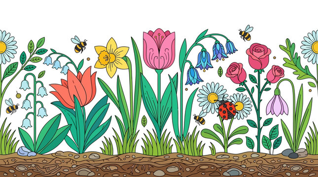春の庭を彩る色鮮やかな花々とミツバチやテントウムシが描かれた、手描き風の可愛らしいシームレスなボーダーイラスト。チューリップ、バラ、デイジー、スイセンが咲き誇る自然の風景を表現した、明るくポップなデザインのベクター素材です。
