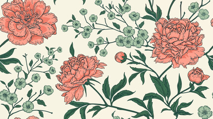 Elegancki bezszwowy wzór z ilustracjami różowych piwonii i drobnych zielonych kwiatów na kremowym tle, idealny do tapet, tkanin oraz projektów graficznych w stylu vintage.