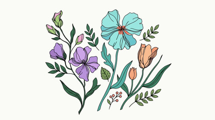 Ręcznie rysowana ilustracja bukietu kwiatów z fioletowymi, błękitnymi i pomarańczowymi płatkami oraz zielonymi liśćmi na jasnym tle, utrzymana w stylu botanicznego szkicu.