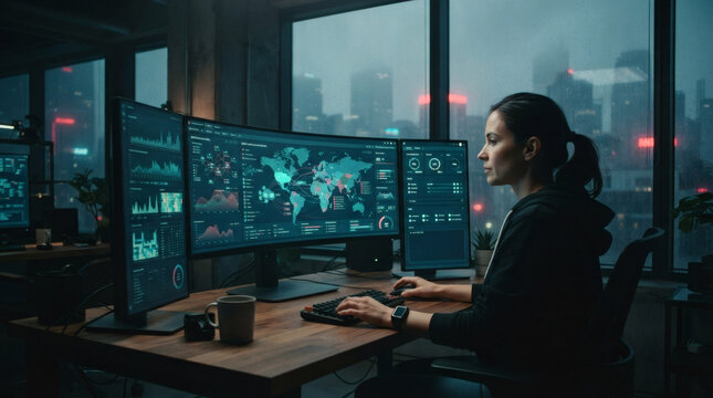  A DevOps engineer supervising global cloud server infrastructure from a modern tech workspace. An ultrawide curved monitor paired with two vertical screens displays clean abstract microservice 