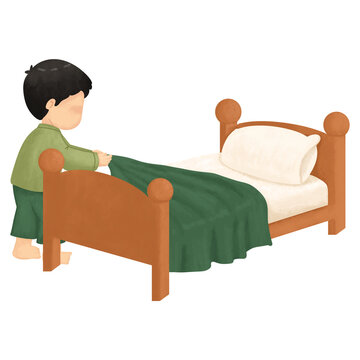Child making bed illustration