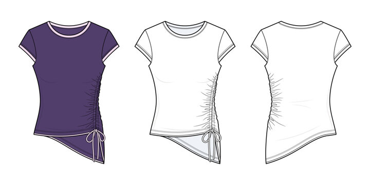 Women's Y2K Ruched Side Cap Sleeve Round Neck Baby Tee Technical Fashion Flat Sketch CAD Vector Template. Front and Back View Blank Asymmetric Hem T-Shirt Mockup Design set. 