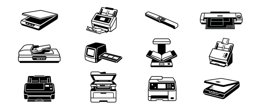 Collection of Professional Document Scanner and Office Digitization Equipment Vector Icons