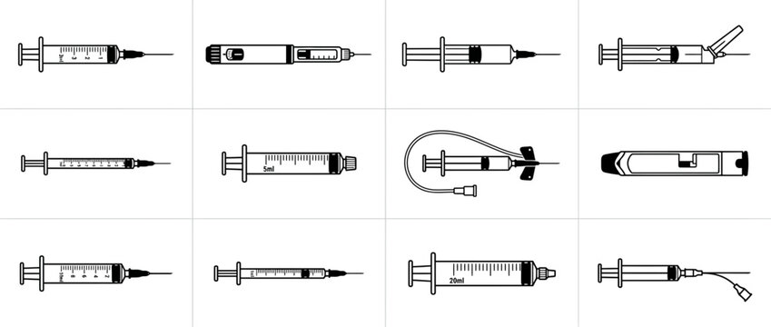 Medical syringe and injection device icon set for healthcare and vaccination