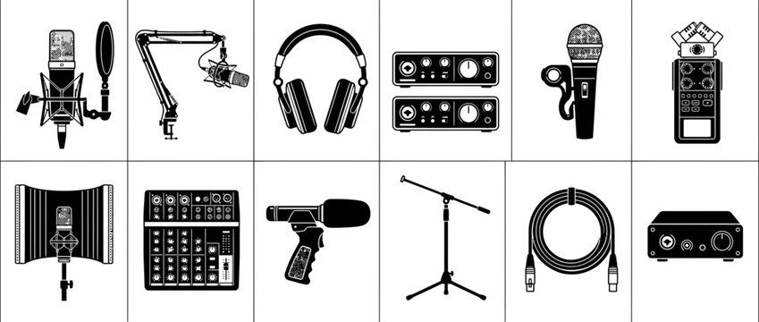 Professional Audio Recording and Podcast Equipment Vector Icons Set