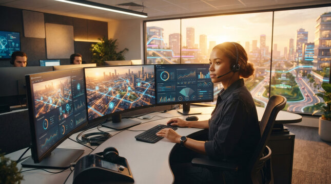 A remote fleet dispatcher monitoring autonomous delivery vehicles from a high-tech logistics hub. Multiple dashboard monitors display clean vector maps with glowing route lines, vehicle status 