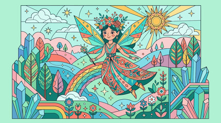 Ilustracja w stylu witrażu przedstawiająca uroczą wróżkę latającą nad magicznym krajobrazem z tęczą, kryształami, kwiatami i słońcem, utrzymana w pastelowej, radosnej kolorystyce.