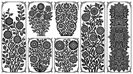 Zestaw czarno-białych ozdobnych paneli z motywami kwiatowymi w stylu vintage, zawierający misternie zaprojektowane rośliny, pnącza i geometryczne wzory roślinne do dekoracji. © Sintya