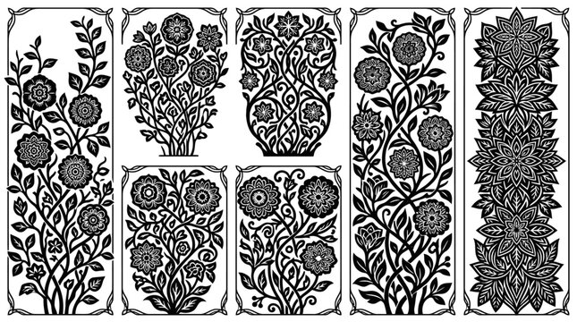 Zestaw czarno-białych ozdobnych paneli z motywami kwiatowymi w stylu vintage, zawierający misternie zaprojektowane rośliny, pnącza i geometryczne wzory roślinne do dekoracji.