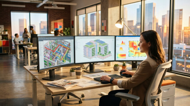 A professional BIM architect designing a sustainable smart building at an ergonomic office workstation. Three large monitors show a clean 3D structural blueprint model, intricate internal engineering 