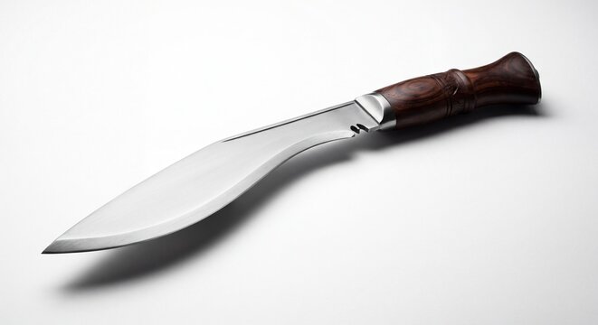 A traditional kukri knife with a curved blade and a dark polished wooden handle on white space.