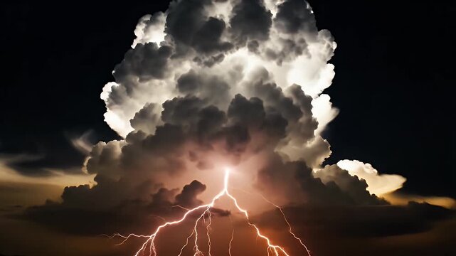 Majestic towering cumulonimbus cloud illuminated by sunset against a dark horizon and subtle glow