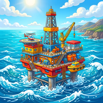 Colorful fishing boat sailing on bright blue ocean waves.
