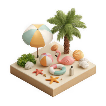 Colorful beach sand toys and palm tree