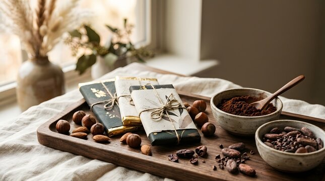 Artisan chocolate bars wrapped in decorative paper on a wooden tray with hazelnuts and cocoa beans