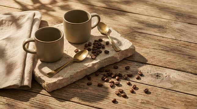 Two empty ceramic coffee mugs and two brass spoons on a rustic stone slab with scattered coffee beans on a weathered wooden table in soft morning sunlight