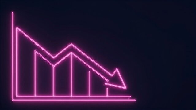 Pink neon graph with downward arrow on dark background.