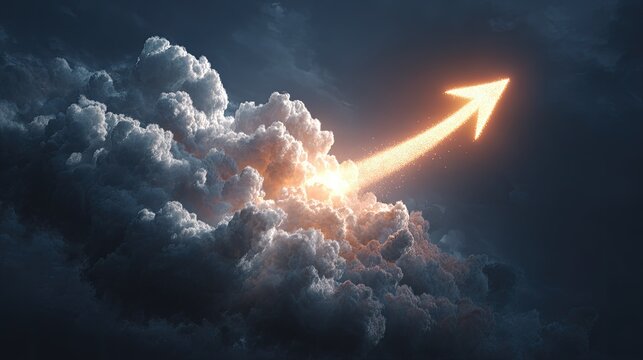 Glowing upward arrow piercing dark clouds
