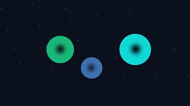 Three glowing circular planets floating in the dark empty expanse of space