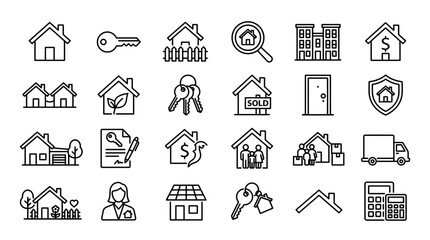 Real Estate Icons Set: Houses, Keys, Sold, Mortgage, Family, Moving, Security © Iwak