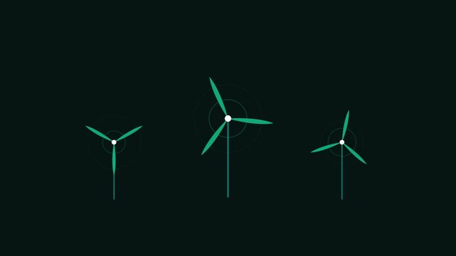 Minimalist graphic illustration of three green wind turbines on black background