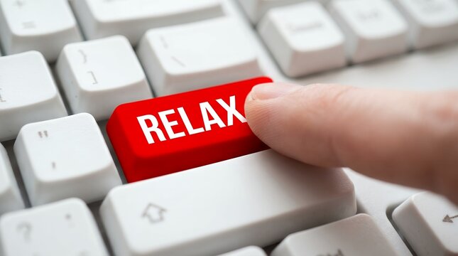 Finger pressing a red keyboard key with the word RELAX in white letters close up detail of technology and leisure button enter computer concept comfort ease stress relief
