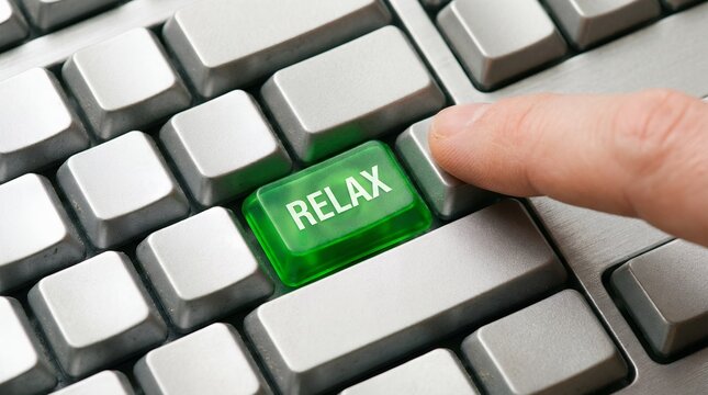 A finger presses the bright green RELAX key on a silver computer keyboard emphasizing a digital break or moment of calm technology button push enter comfort rest escape online