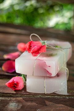 Ecological and aromatic rose soap in summer garden