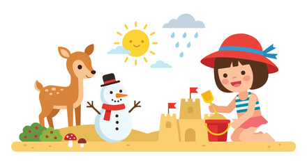 Fototapeta premium A cheerful girl builds a sandcastle on a sunny beach alongside a deer and a snowman in this vibrant four-seasons themed vector illustration.