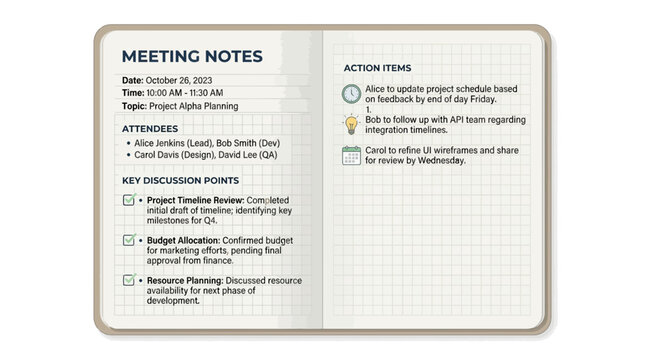 Business project meeting notes and action items on notebook illustration