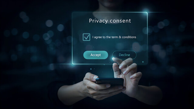 Person using a smartphone with a digital privacy consent interface overlay, accepting terms and conditions online