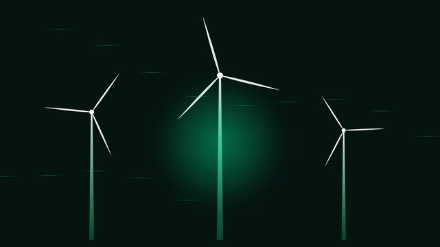 Three minimalist wind turbines glowing against a deep black night sky background