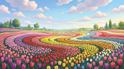 Naklejka premium Vibrant tulip field panorama with colorful flowers blooming in mesmerizing swirling patterns under a clear blue sky, a spring landscape