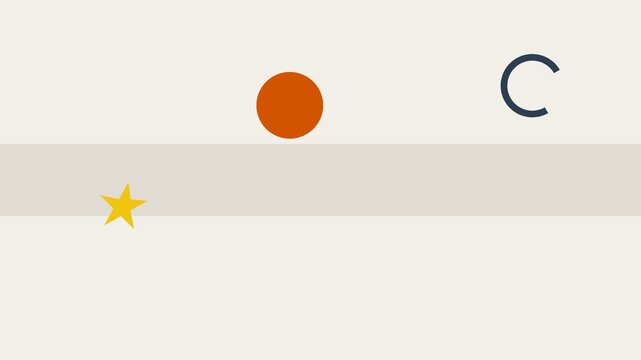 Minimalist composition with a geometric star, orange circle, and dark arc