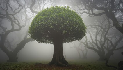 Fototapeta premium A solitary laurel tree with a sturdy trunk and abundant foliage is enveloped in heavy fog. The enchanting Fanal forest on Madeira, Portugal. High-quality image.